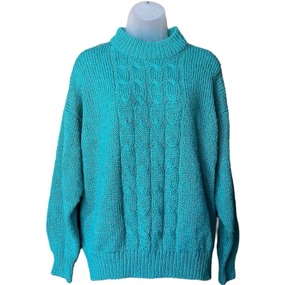 Vtg 80s Bristol Court Green Mock Neck Cableknit Grandma Sweater Sz M Chunky Knit
